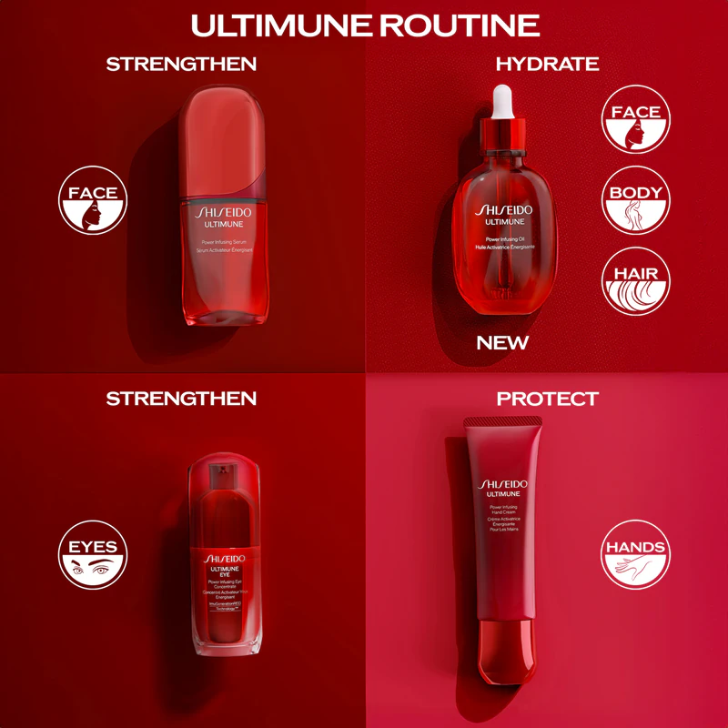 Óleo hidratante Shiseido Ultimune Power Infusing Oil para rosto, corpo e cabelo.