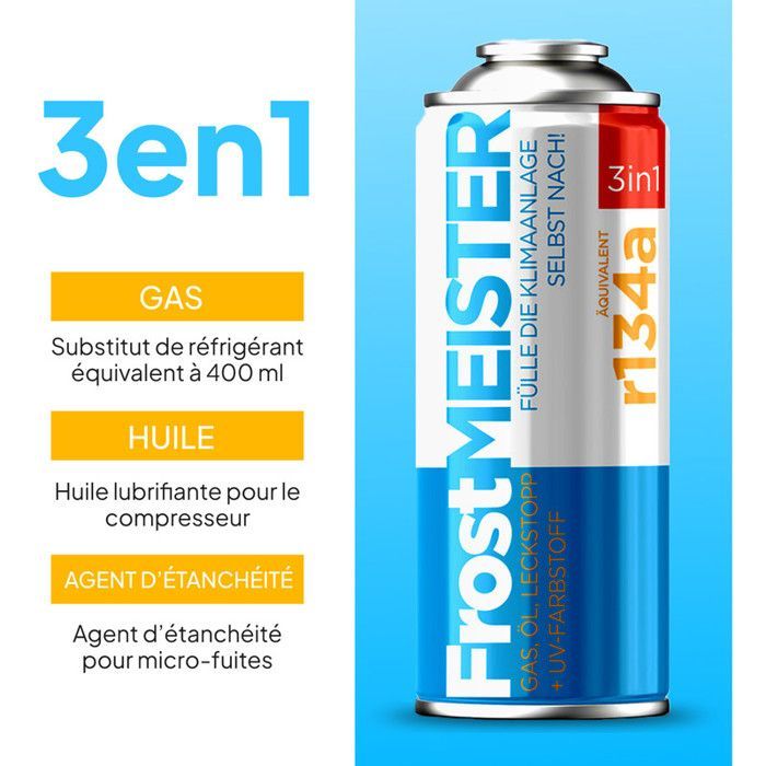 Car Air Conditioning Recharge Kit R134a/R12 - FROSTMEISTER 3in1 - 3x235g - Refrigerant Gas - Car Air Conditioning Recharge Spray