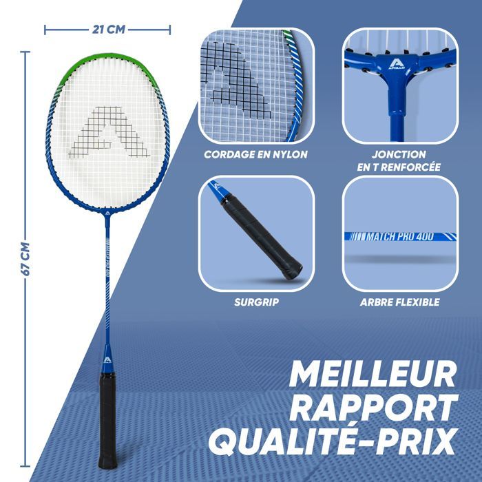 Set Badminton Apollo Match Pro 400 – raquettes de badminton avec housse et volants – Blue/Green