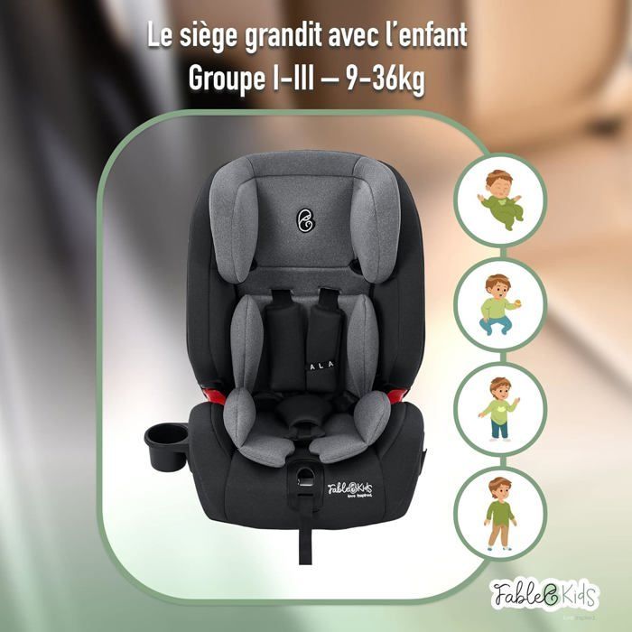 Seggiolino auto per bambini FableKids con Isofix | Seggiolino auto | Gruppo 1/2/3 9-36 kg | Poggiatesta regolabile in 8 posizioni | Grigio