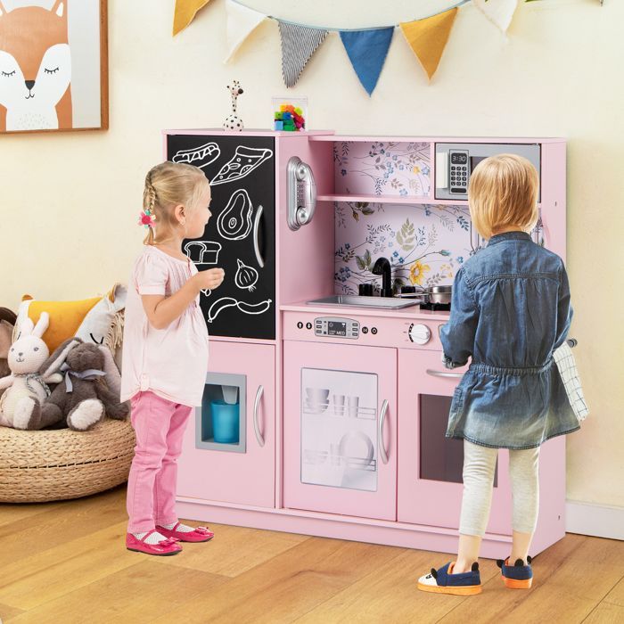 DREAMADE Wooden Children's Kitchen with Sounds, Blackboard, Telephone, Stoves, Dishwasher, Ice Maker, Oven, Pink