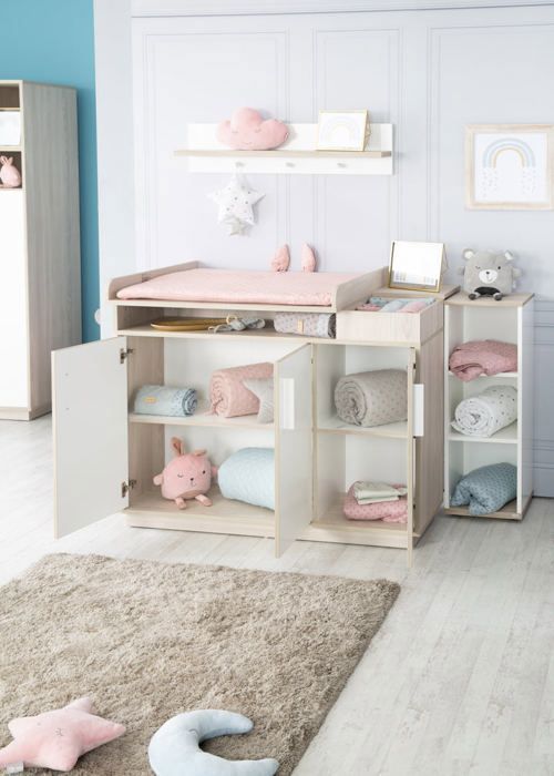 Commode à Langer ROBA Olaf - 3 Portes - Compartiment Ouvert - Blanc / Effet Bois
