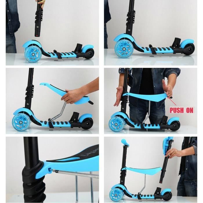 Trottinette Enfant - YOLEO - 5 en 1 - Siège Amovible - LED Roues - Bleu