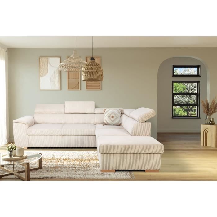 Sofá-cama de canto reversível DAYTONA de 5 lugares - Veludo cotelê bege - Compartimento de armazenamento - L 260 x A 94 x P 216 cm