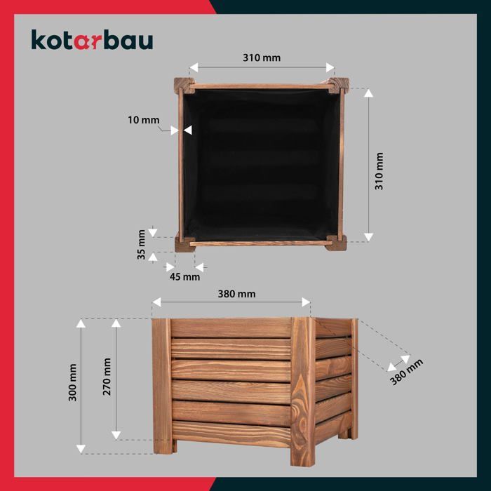 Maceta de madera KOTARBAU - 38 x 38 x 30 cm - Maceta de pino carbonizado - Jardín, terraza, balcón - Marrón