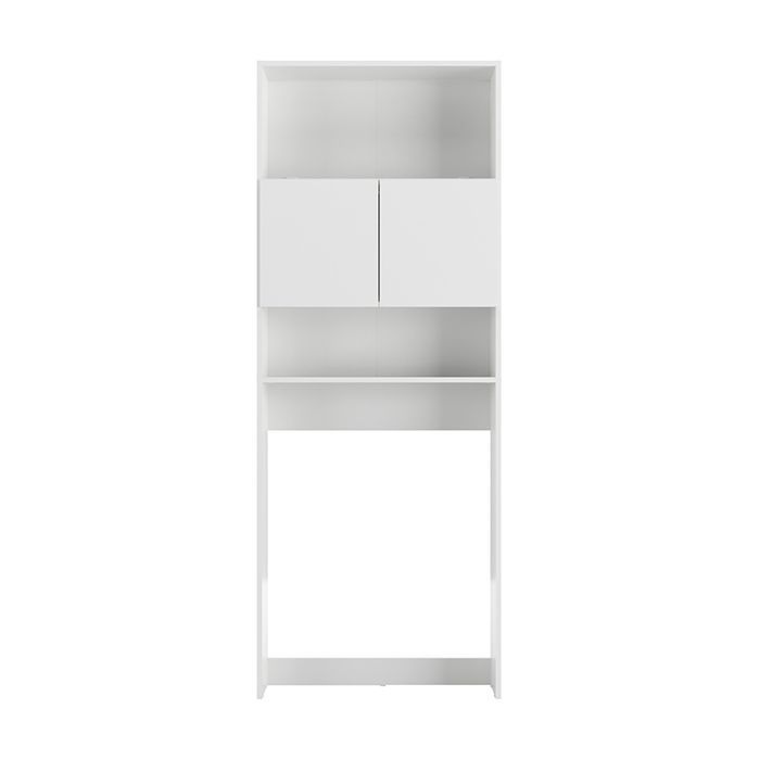 Bathroom/laundry room cabinet with 2 central doors and open shelves, white color