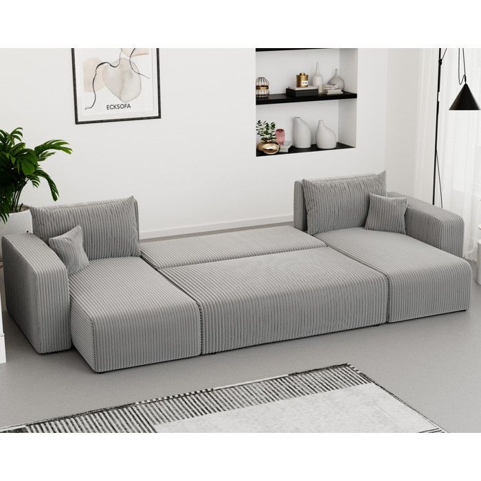 Divano angolare panoramico PIANO U - 7 posti - Divano trasformabile con contenitore - Tessuto in velluto a coste - Grigio chiaro