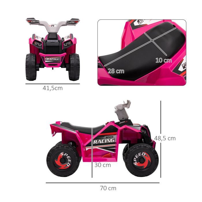 Quad eléctrico HOMCOM para niños, vehículo con batería de 6 V, marcha adelante y atrás, 70 cm de largo x 41,5 cm de ancho x 48,5 cm de alto, color rosa.