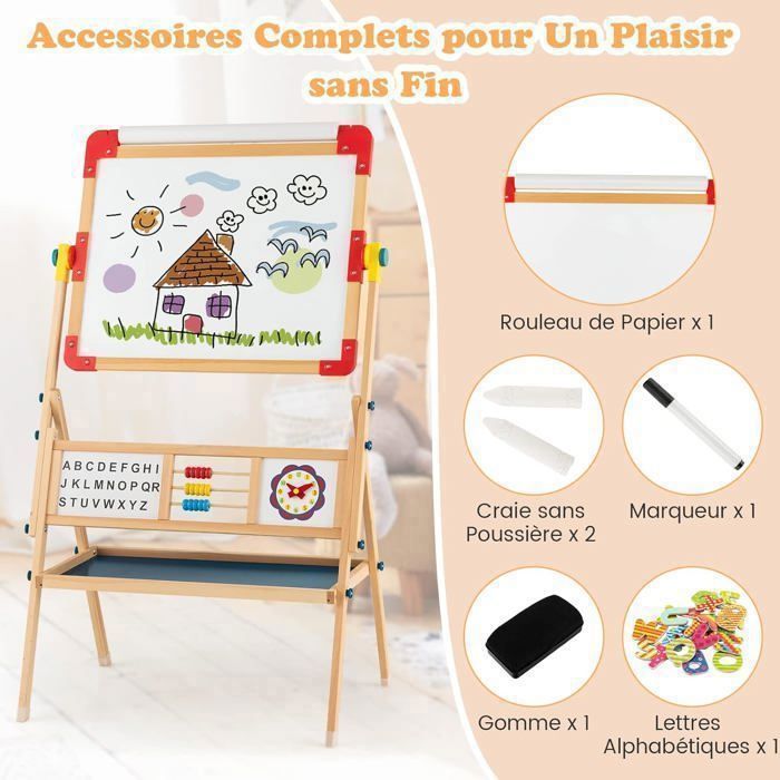 GOPLUS Caballete infantil 3 en 1 de doble cara con pizarra magnética giratoria (negra/blanca) y rollo de papel - Accesorios completos