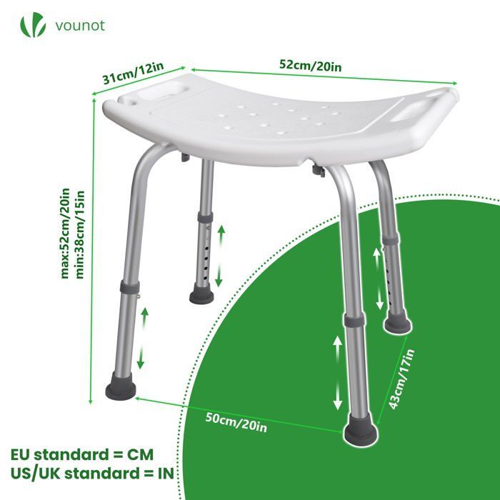 VOUNOT® Siège de douche ergonomique - Hauteur réglable - Pieds antidérapants - Tabouret en Aluminum HDPE - Blanc