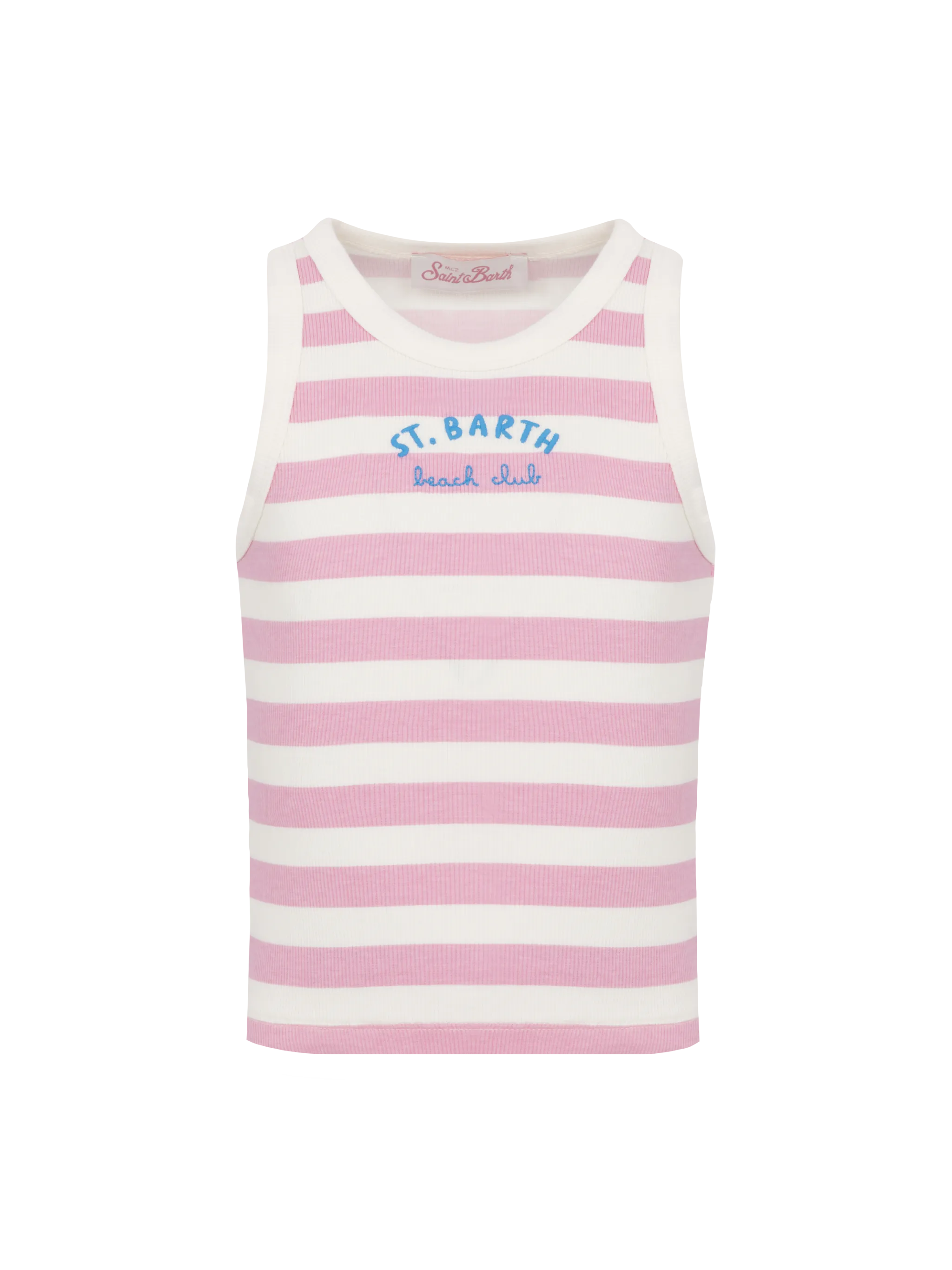 Top corto Blue Jr in maglia a coste a righe rosa con ricamo