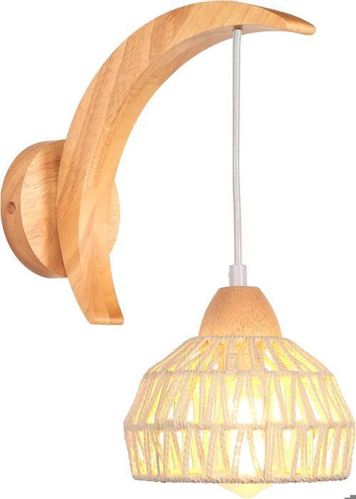 Aplique de pared interior IDEGU en madera y ratán, lámpara colgante de diseño industrial en forma de media luna, portalámparas E27 ajustable, color blanco.