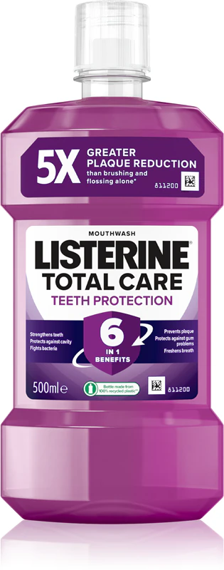 Enxaguante bucal Listerine Total Care Teeth Protection 6 em 1 para proteção dental completa.