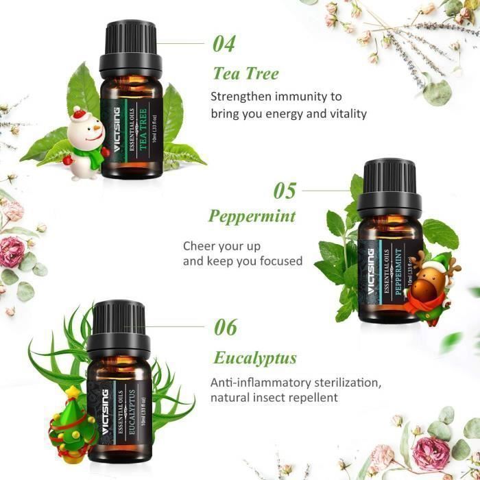 Aceites esenciales 100% puros para aromaterapia, 6 frascos de 10 ml (naranja, lavanda, árbol de té, hierba limón, eucalipto y menta).