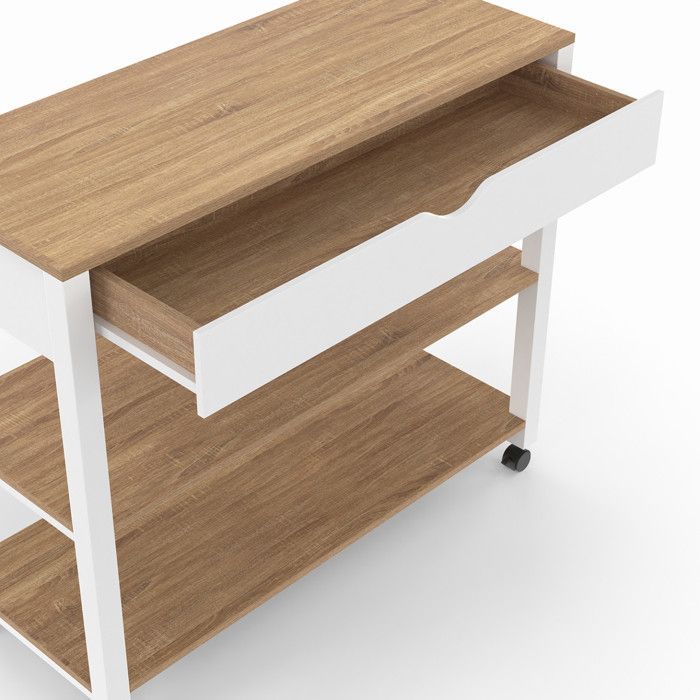 Carrito de cocina IDMARKET PENH XXL con cajón y encimera blanca, estantes efecto haya, 100 cm de largo.