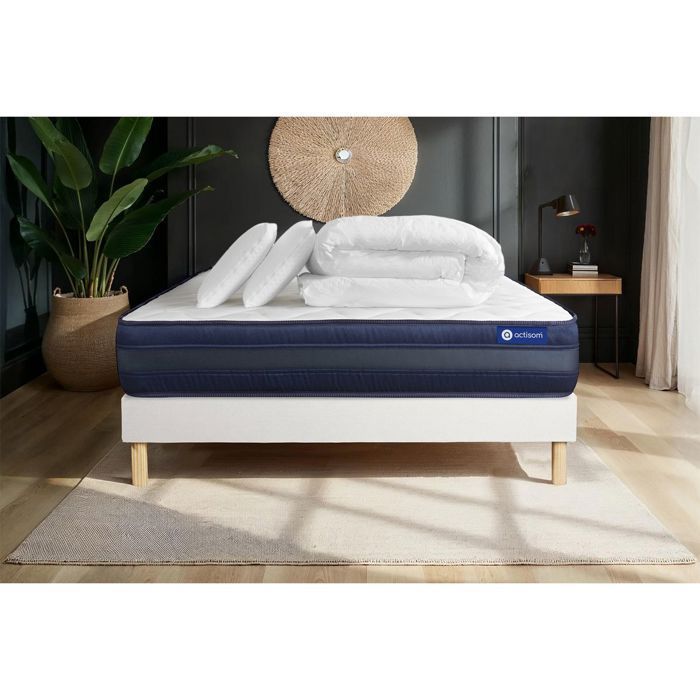 Juego de cama completo 180x200 cm - Colchón + Base de cama blanca (requiere montaje) + 2 almohadas + Edredón - Actimemo Te