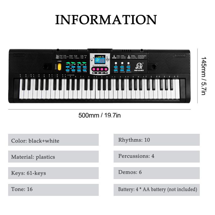 Teclado electrónico de 61 teclas para niños - Piano digital con micrófono - Función USB - Instrumento musical para