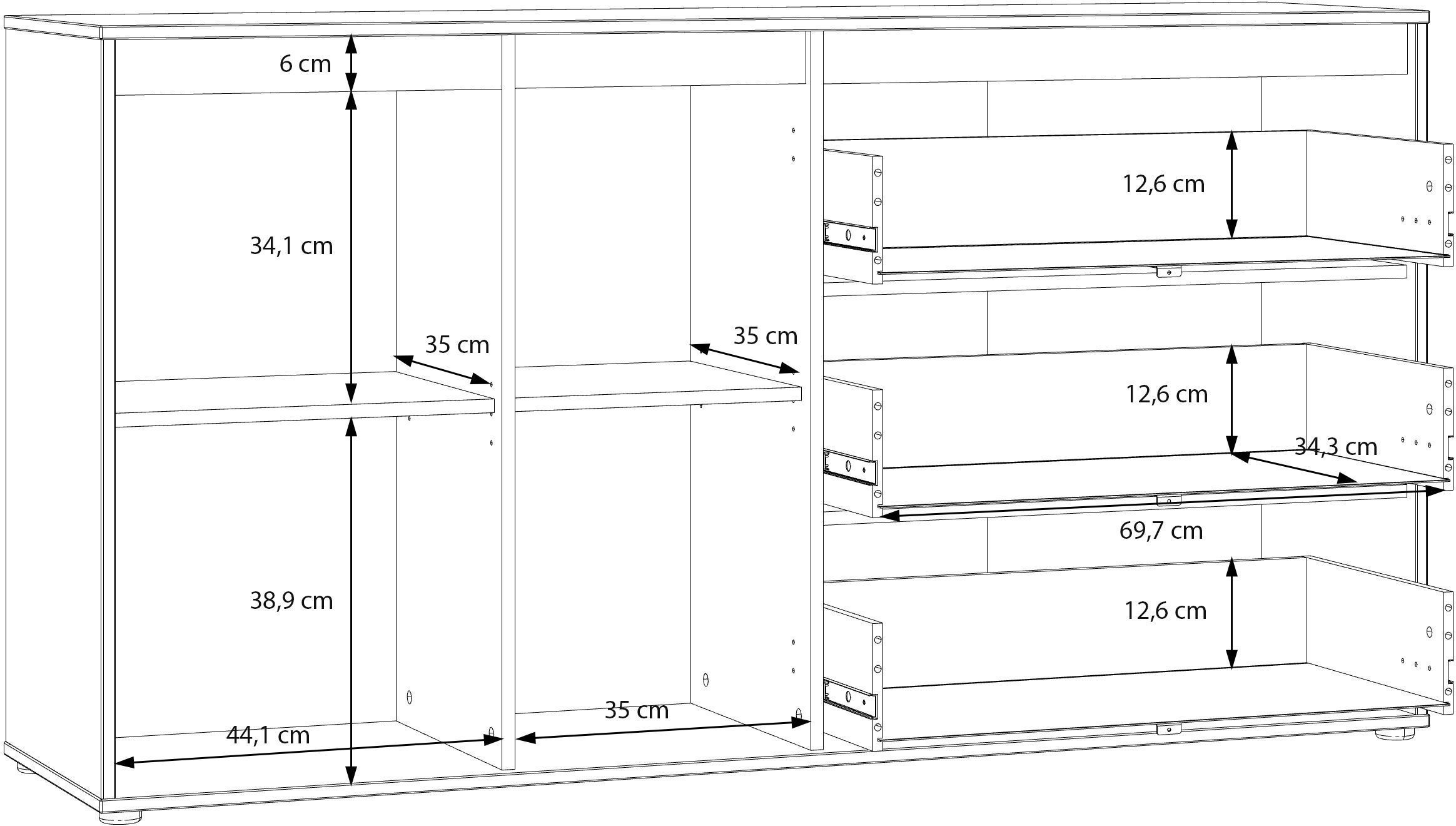 Credenza ELISTON - Bianco opaco e rovere - 2 ante + 3 cassetti - L 159,6 × P 41,5 × H 81,7 cm