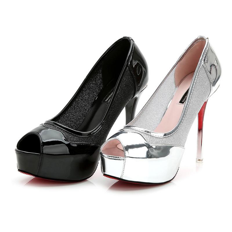 Escarpins à plateforme pour femme, bout ouvert, talons hauts sexy de 12 cm, chaussures de mariée tendance, argentées et noires.