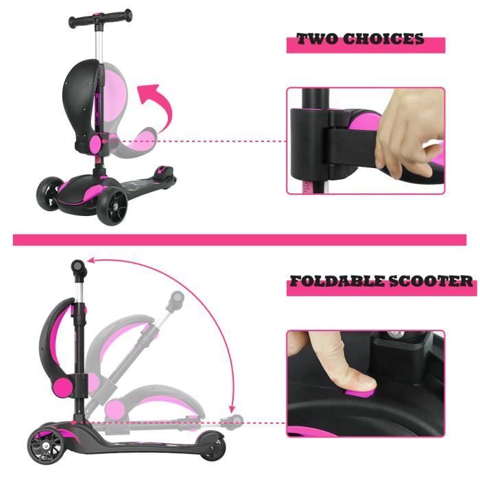 BremToy 3-in-1 Kids Scooter with Folding Seat, 3-Wheel LED Scooter for Children, Height-Adjustable Kids Scooter