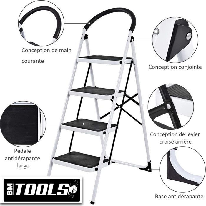BM TOOLS BMT-ESC4 - Roestvrijstalen 4-treden ladder, werkhoogte: 95 cm, gemakkelijk op te bergen, antislip treden en handgrepen.