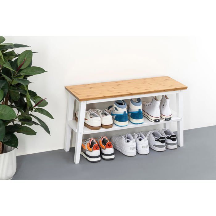 Étagère chaussures en bambou - SUTEO - Banc avec siège - Double étagère - 28x80x45 cm - Blanc - Supporte jusqu'à 90 kg