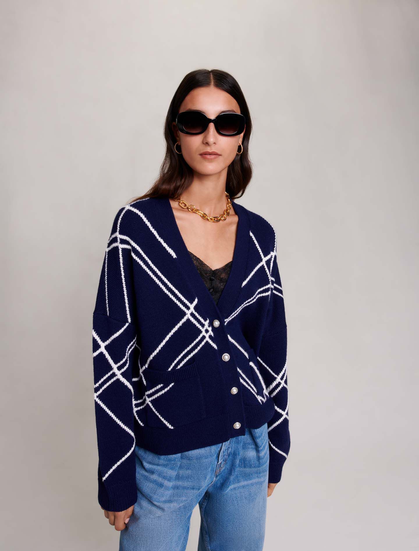 Gestreept gebreid vest - Marineblauw