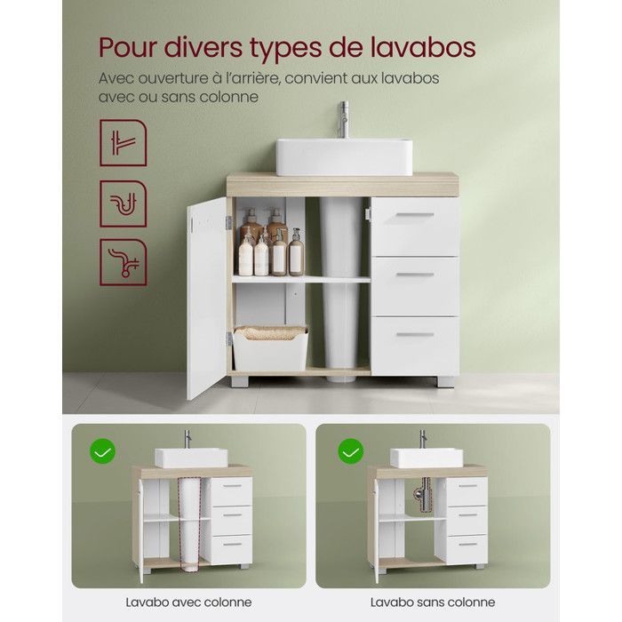 Mobile bagno con 3 cassetti laterali e 2 vani dietro l'anta, per lavabi a colonna, 30 x 70 x 64 cm, bianco e beige.