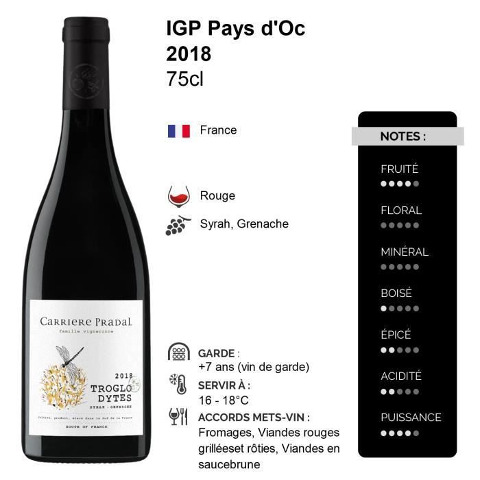 Pays d'Oc Troglo Dytes Rouge 2018 - Lot de 3x75cl - Carrière Pradal - Vin IGP Rouge du Languedoc - Roussillon - Cépages Syrah,