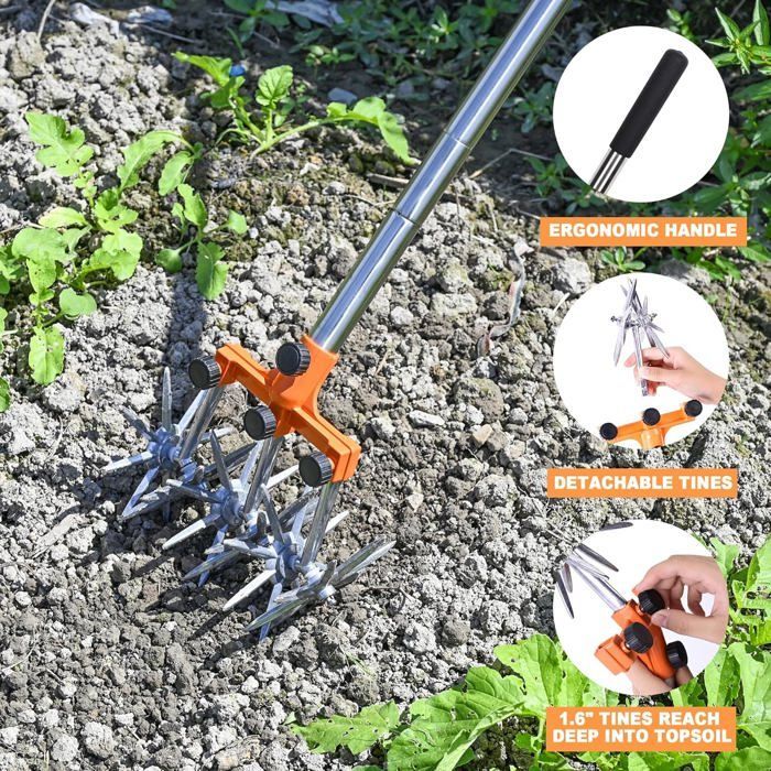 Cultivador rotativo de acero inoxidable, de mango largo, retráctil y resistente a la intemperie, con púas extraíbles. Kit