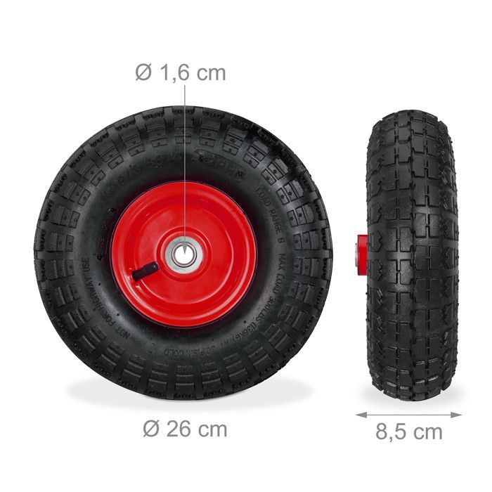 Juego de 4 ruedas para carretilla Relaxdays 4.10/3.50-4, neumáticos de repuesto, eje de 16 mm, carga máxima de 136 kg, 260x85 mm, negro - rojo