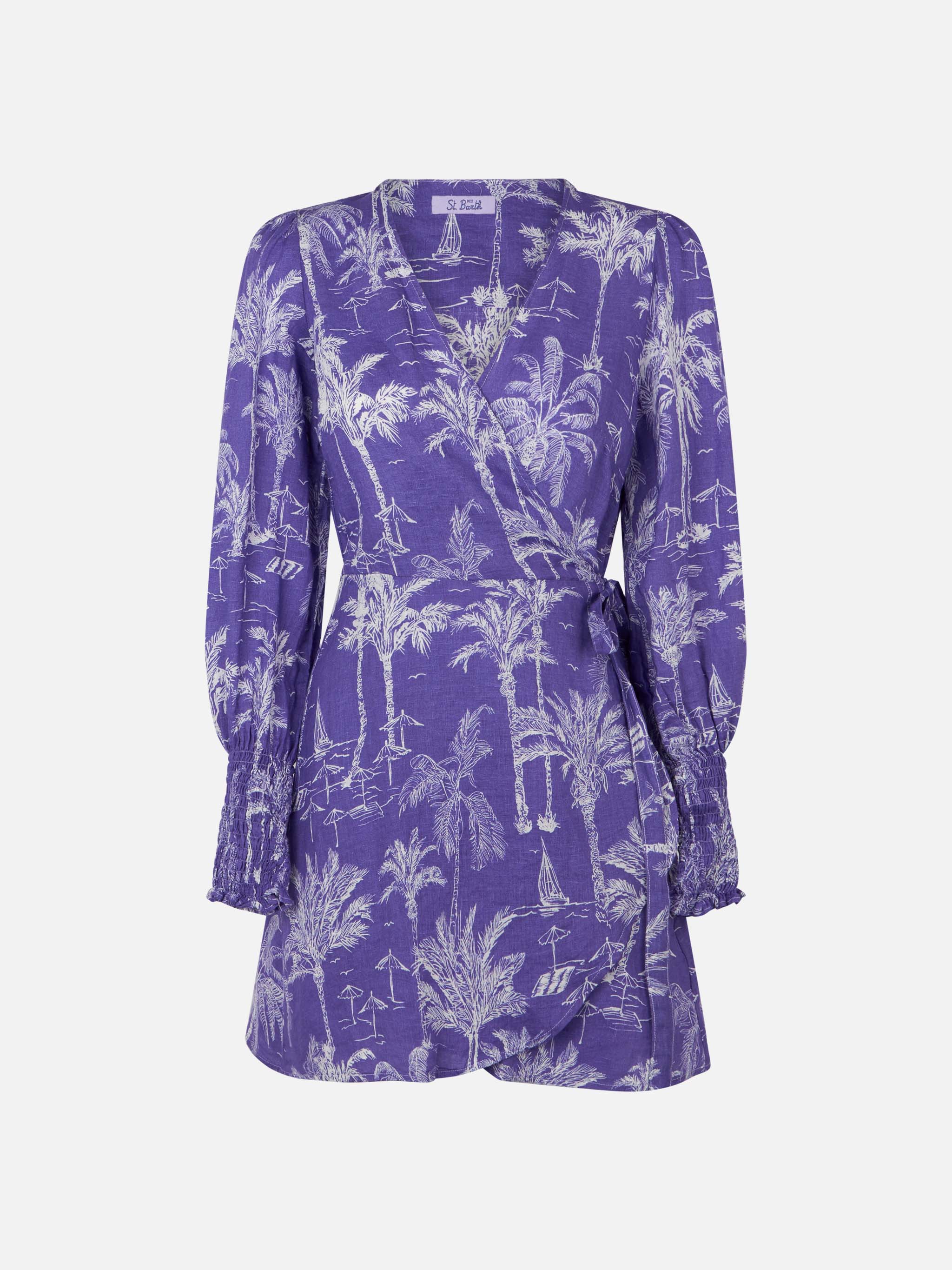 Korte jurk van glanzend linnen met toile de jouy-print.
