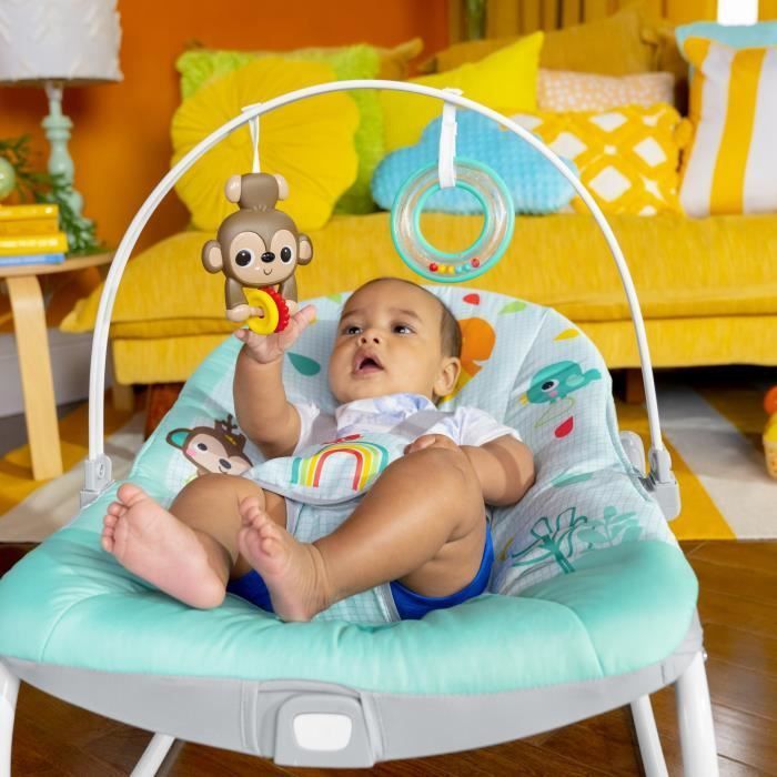 BRIGHT STARTS Transat bébé évolutif Arc-en Ciel, bleu, Vibrations apaisantes, 2 positions d'inclinaison, 0M + jusqu'à 18 kg