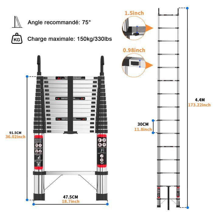 The 4.4-meter telescopic ladder is foldable, has 2 hooks, is a multi-purpose ladder, and has a maximum load capacity of 150 kg.