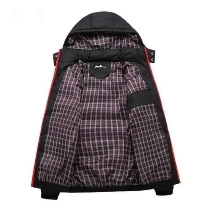 Jaqueta puffer casual masculina JINDING com capuz, parka grossa com zíper, preta, 100% poliéster.