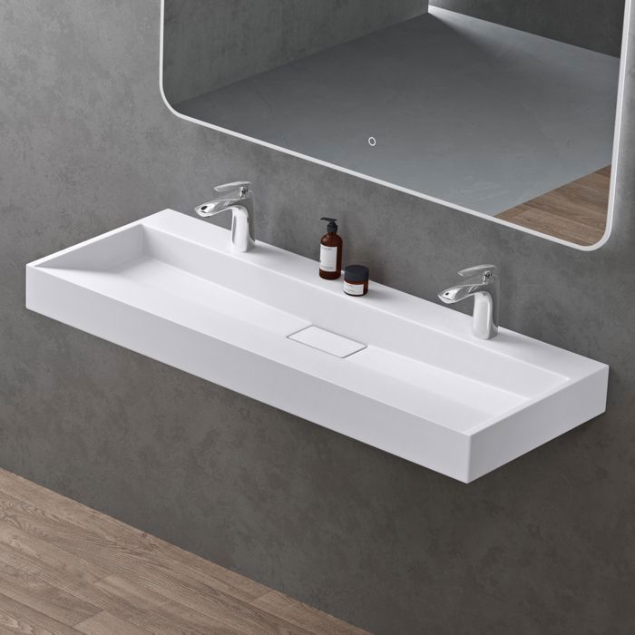 Lavabo suspendido con desagüe, lavabo de encimera, blanco mate, 120x46x11cm, lavabo con 2 orificios para grifería, rectangular, Colossum19