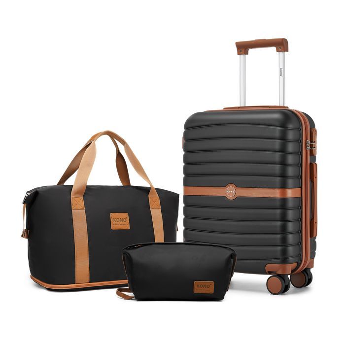 Juego de 3 maletas de viaje Kono, maleta de 55 cm con 4 ruedas y cerradura + neceser plegable con estuche de maquillaje, color negro.