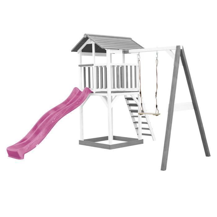 Área de juegos AXI Beach Tower con tobogán en color morado, columpio y arenero | Casita de juegos grande para exteriores en color gris y blanco