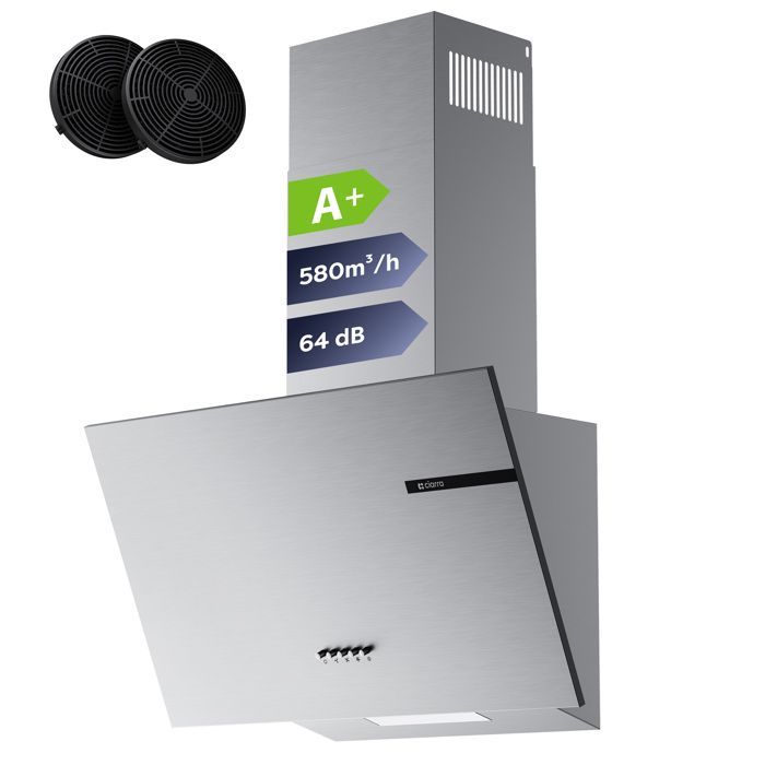 CIARRA 60cm Cooker Hood, 580m³/h, A+ Energy Rating, 3 Speeds, Recirculation or Extraction, with 2 Active Filters, Angled Stainless Steel Hood CD6765AS