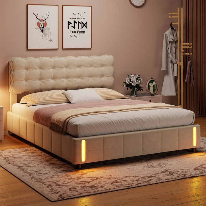 Lit 2 Personne 160x200 cm avec rangement, Lit coffre avec LED, Lit capitonne avec sommier a lattes, Lit adulte, Velours, Beige