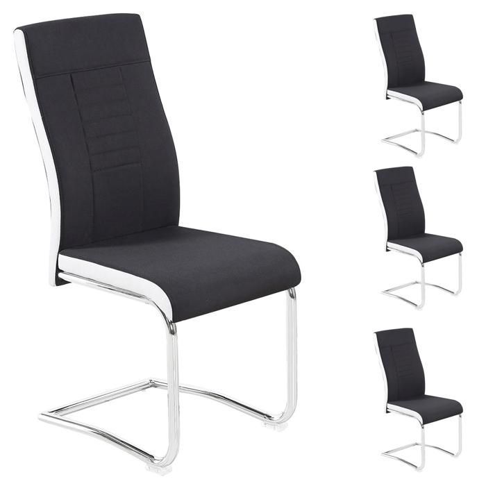 Lot de 4 chaises de salle à manger ou cuisine ALBA avec assise rembourrée et piètement chromé, revêtement en tissu noir et blanc