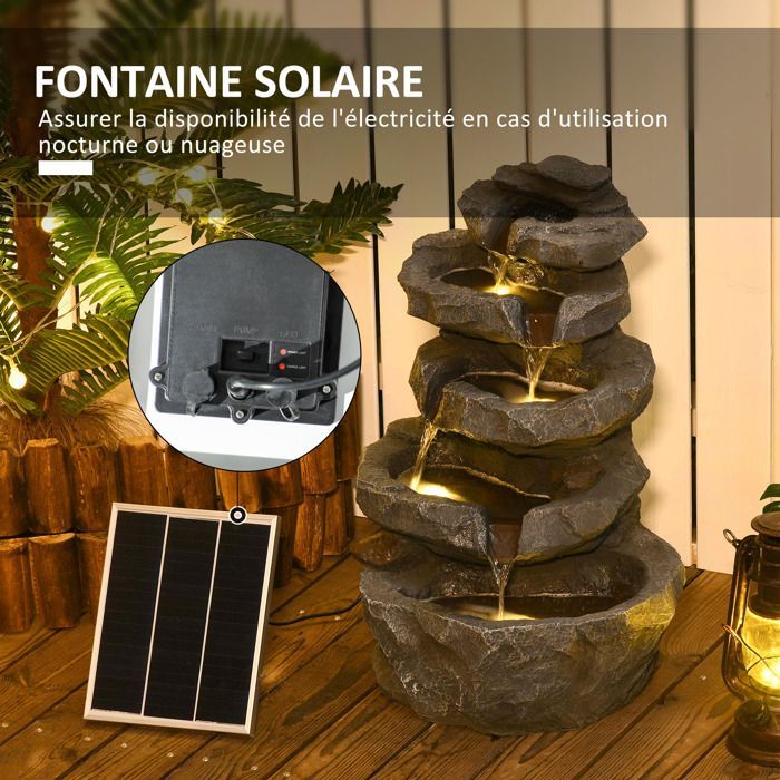 Fuente de jardín Outsunny de 5 niveles con cascada de roca, alimentada por energía solar, fabricada en resina con luces LED y bomba, color gris.