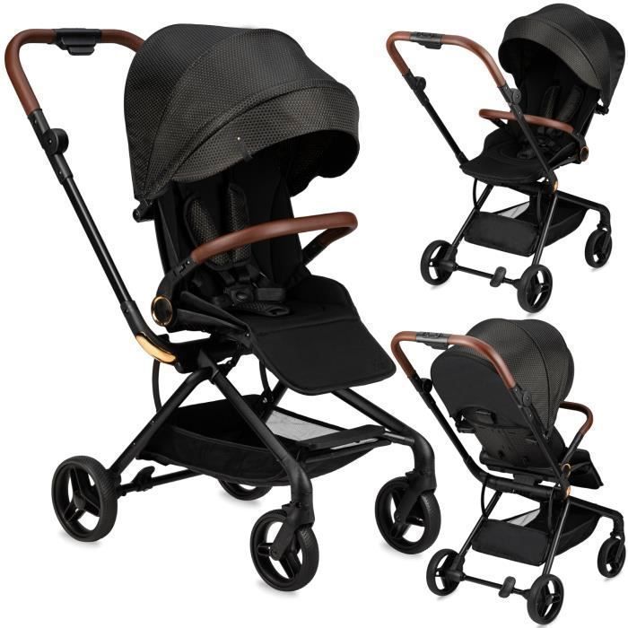 MoMi ADELLE - Poussette citadine légère 7,5 kg - Siège rotatif 360° - Dès 6 mois jusqu’à 22 kg - Noir/Doré