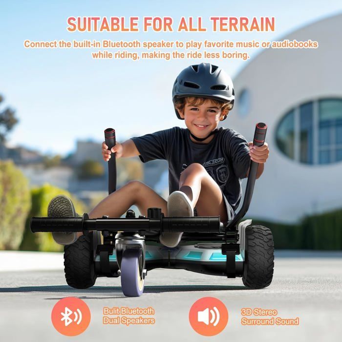 Hoverboard with integrated seat, 8.5 inches with Bluetooth speaker and LED lights for children (including pedal kart) Silver