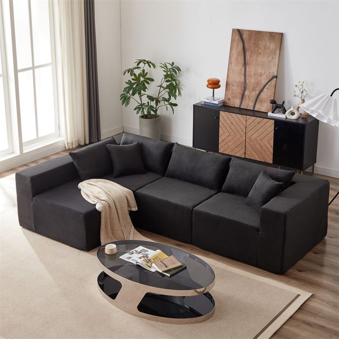 DRIPEX Canapé modulable 4 places en velours côtelé 335CM,Canapé compressé rembourré avec 4 coussins,combinaison libre,Noir