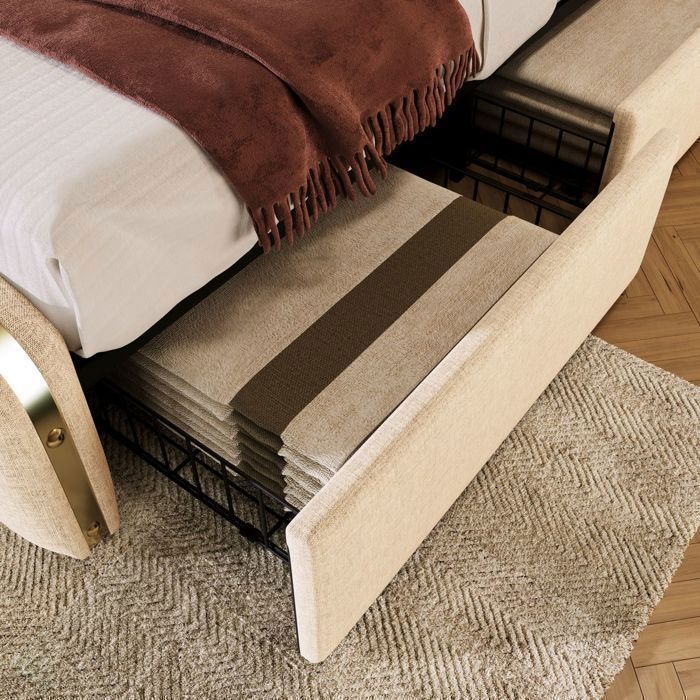 Lit coffre 180x200, 4 tiroirs coulissants lit double, sommier inclus, revêtement lin beige, ports USB, structure métal robuste
