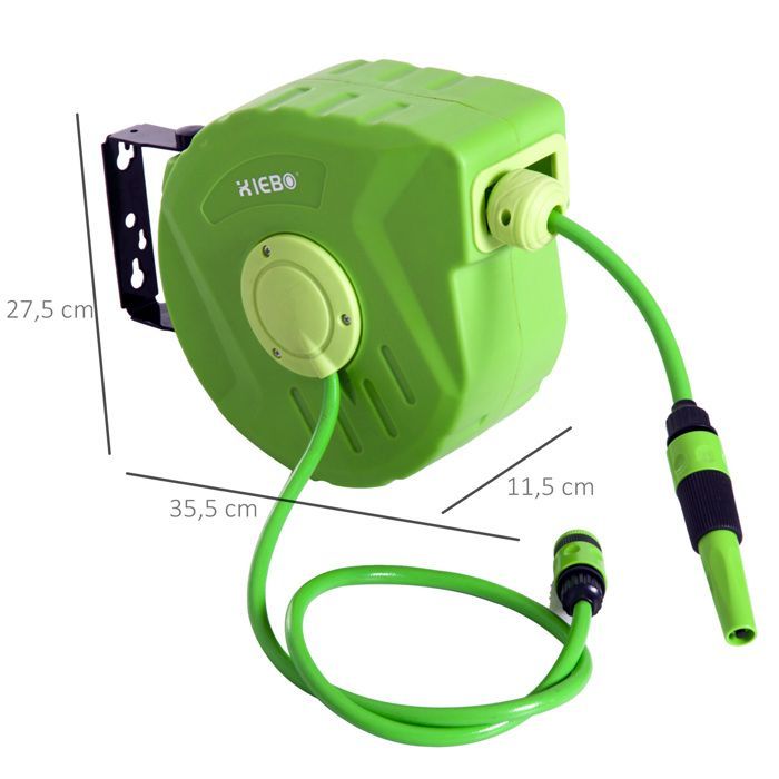 Wall-mounted hose reel - Outsunny - 180° swivel automatic reel with 10+1 m hose and spray nozzle - plastic - green