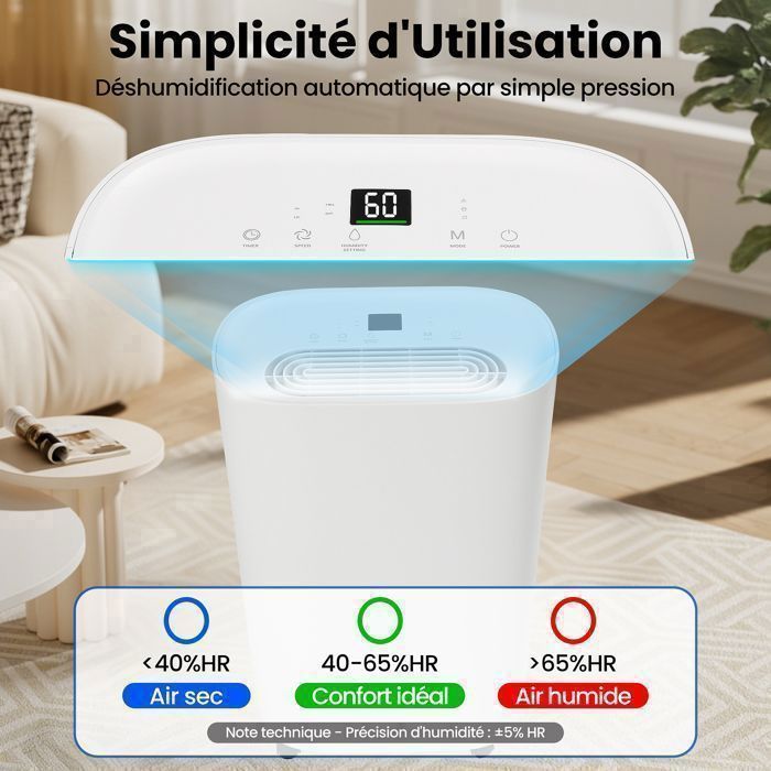 Déshumidificateur d'Air Électrique 30L/Jour - 50m² - 450W - Réservoir 6.5L, Déshumidification/Séchage/Ventilation, Salon/Cave, Blanc