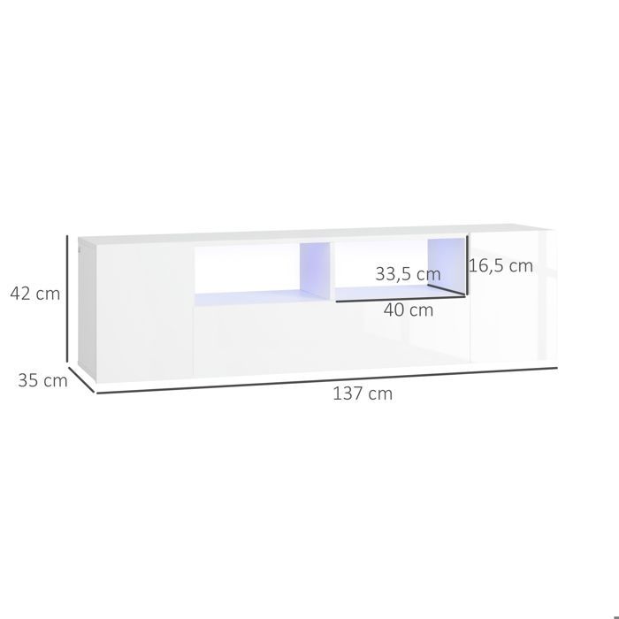 Mobile porta TV a LED - HOMCOM - Supporto TV da 140 cm con 3 vani, fino a 60 pollici, illuminazione regolabile, finitura lucida - legno - 140 cm - bianco