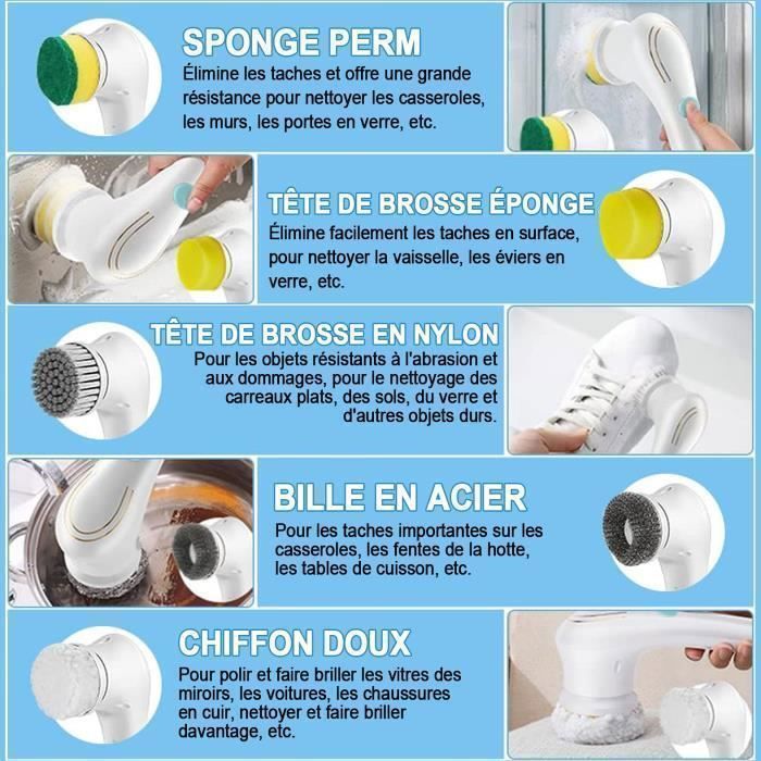 Brosse de Nettoyage Électrique - 5 Têtes de Brosse Interchangeables, 360° Brosse vaisselle, pour nettoyer la cuisine, la douche, l'é